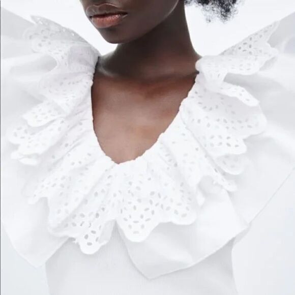 Zara White Eyelet Ruffle Collar Bodycon Mini Dress NWOT - Picture 2 of 9